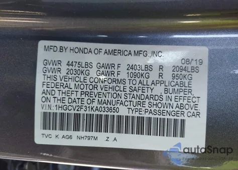 2019 Honda Accord Sport 2.0T z USA, uszkodzony, nr VIN 1HGCV2F31KA033650